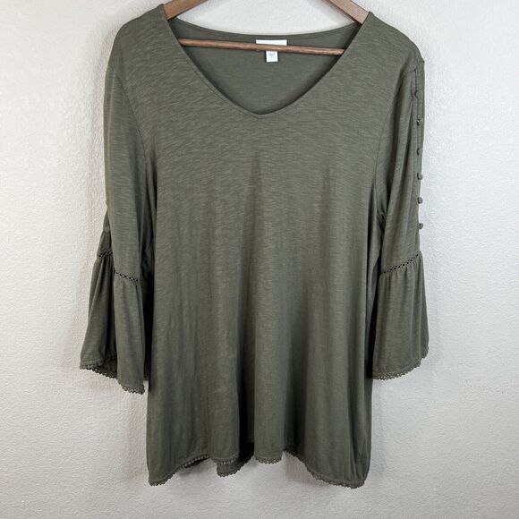 J. Jill Top Women's Large Green 3/4 Sleeve‎ Button Accent Boho Peasant Cotton - Picture 1 of 16